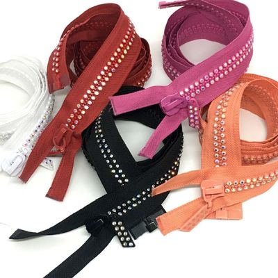#5 #10 Auto-Lock Rhinestone Metal Zipper Open End In Rosso