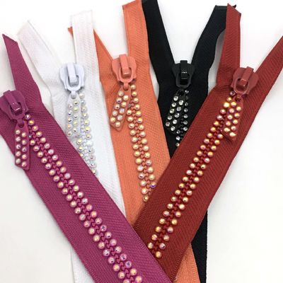 #5 #10 Auto-Lock Rhinestone Metal Zipper Open End In Rosso