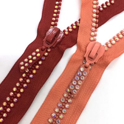 #5 #10 Auto-Lock Rhinestone Metal Zipper Open End In Rosso